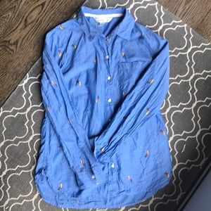 Chambray linen button down shirt parrot detail